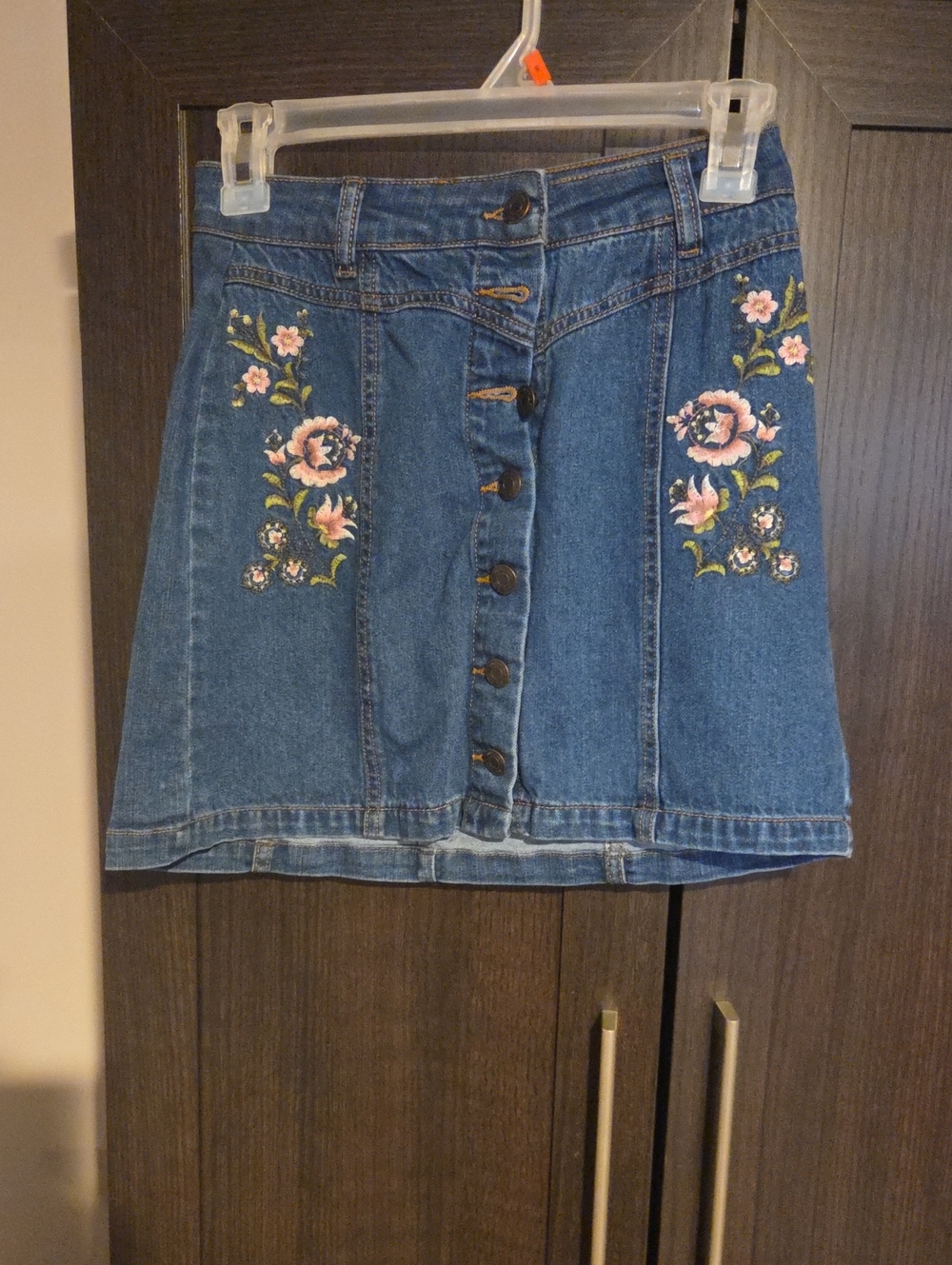 Mudd Blue Denim Mini Skirt with Pink Floral Embroidery